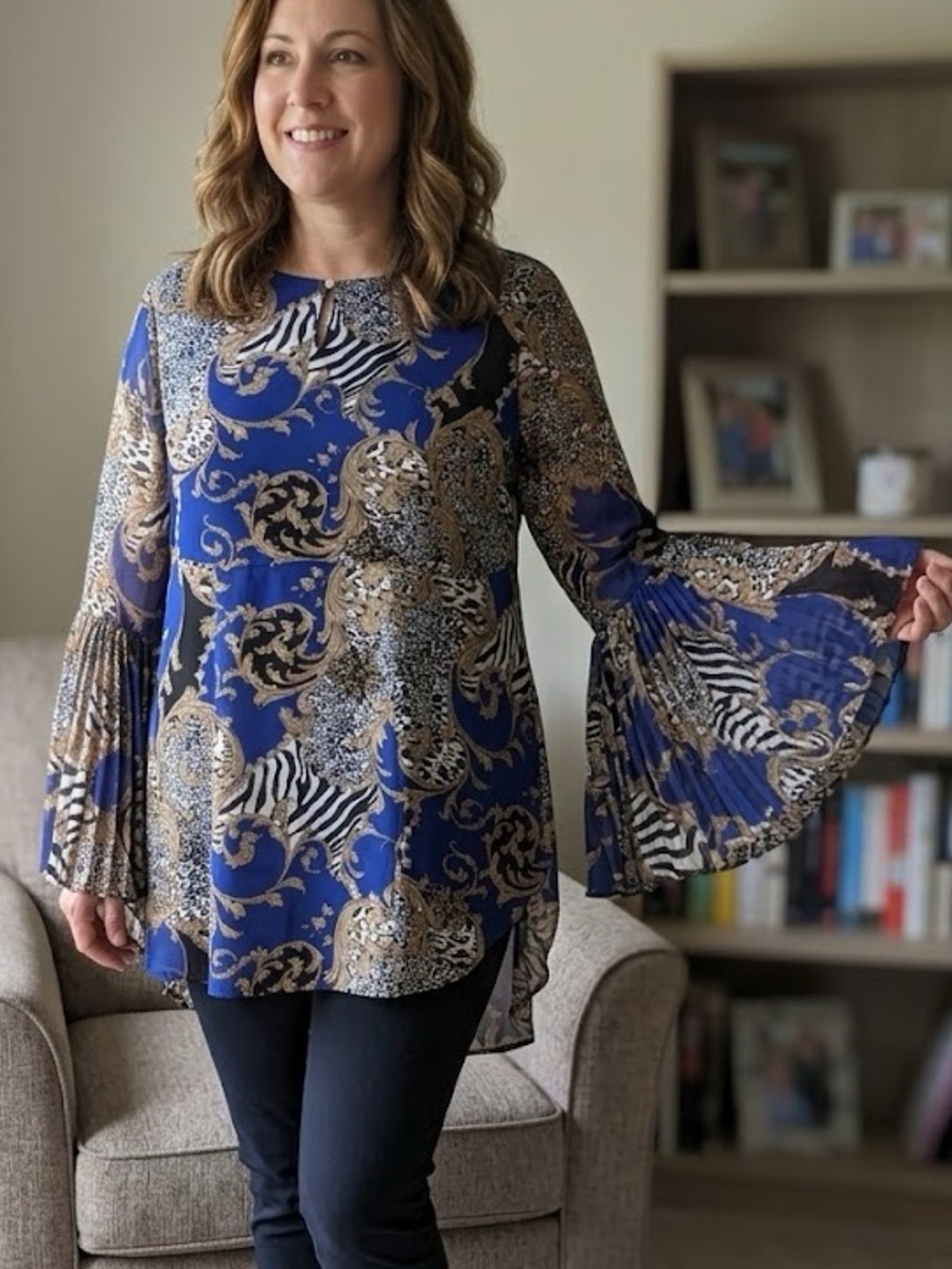 Nygård Royal Blue Animal Print High-Low Blouse Pleated Bell Sleeves - Size M/L